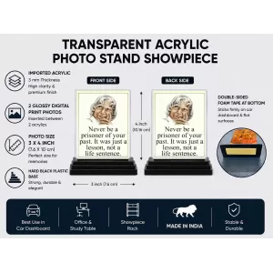 Abdul Kalam Acrylic Car Dashboard Showpiece | Double-Sided Abdul Kalam Photo Stand | 3 X 4 Inch Photo | Transparent Acrylic Frame With Black Base | Car Dashboard, Office & Table Decor (F71300)