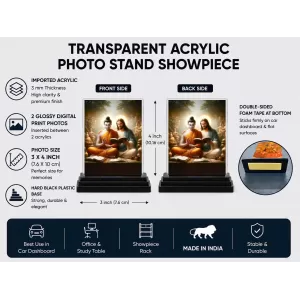 Gautama Buddha And Jesus Acrylic Car Dashboard Showpiece | Double-Sided Gautama Buddha And Jesus Photo Stand | 3 X 4 Inch Photo | Transparent Acrylic Frame With Black Base | Car Dashboard, Office & Table Decor (F71438)