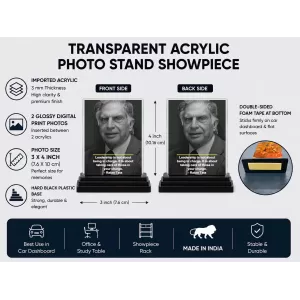 Shree Ratan Tata Acrylic Car Dashboard Showpiece | Double-Sided Shree Ratan Tata Photo Stand | 3 X 4 Inch Photo | Transparent Acrylic Frame With Black Base | Car Dashboard, Office & Table Decor (F71547) Shree Ratan Tata Acrylic Car Dashboard Showpiece | Double-Sided Shree Ratan Tata Photo Stand | 3 X 4 Inch Photo | Transparent Acrylic Frame With Black Base | Car Dashboard, Office & Table Decor (F71547)