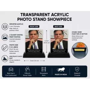 Shree Ratan Tata Acrylic Car Dashboard Showpiece | Double-Sided Shree Ratan Tata Photo Stand | 3 X 4 Inch Photo | Transparent Acrylic Frame With Black Base | Car Dashboard, Office & Table Decor (F71548) Shree Ratan Tata Acrylic Car Dashboard Showpiece | Double-Sided Shree Ratan Tata Photo Stand | 3 X 4 Inch Photo | Transparent Acrylic Frame With Black Base | Car Dashboard, Office & Table Decor (F71548)