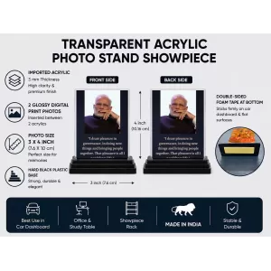 Narendra Modi Acrylic Car Dashboard Showpiece | Double-Sided Narendra Modi Photo Stand | 3 X 4 Inch Photo | Transparent Acrylic Frame With Black Base | Car Dashboard, Office & Table Decor (F71556)
