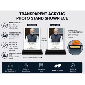 Narendra Modi Acrylic Car Dashboard Showpiece | Double-Sided Narendra Modi Photo Stand | 3 X 4 Inch Photo | Transparent Acrylic Frame With Black Base | Car Dashboard, Office & Table Decor (F71557) Narendra Modi Acrylic Car Dashboard Showpiece | Double-Sided Narendra Modi Photo Stand | 3 X 4 Inch Photo | Transparent Acrylic Frame With Black Base | Car Dashboard, Office & Table Decor (F71557)