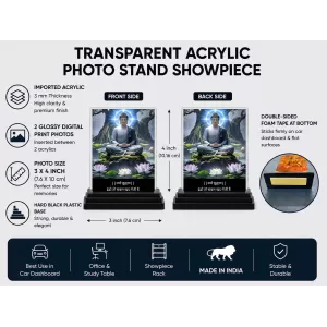 Gautama Buddha Acrylic Car Dashboard Showpiece | Double-Sided Gautama Buddha Photo Stand | 3 X 4 Inch Photo | Transparent Acrylic Frame With Black Base | Car Dashboard, Office & Table Decor (F71561)