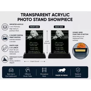 Abdul Kalam Acrylic Car Dashboard Showpiece | Double-Sided Abdul Kalam Photo Stand | 3 X 4 Inch Photo | Transparent Acrylic Frame With Black Base | Car Dashboard, Office & Table Decor (F71596)