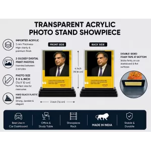Shree Ratan Tata Acrylic Car Dashboard Showpiece | Double-Sided Shree Ratan Tata Photo Stand | 3 X 4 Inch Photo | Transparent Acrylic Frame With Black Base | Car Dashboard, Office & Table Decor (F71602) Shree Ratan Tata Acrylic Car Dashboard Showpiece | Double-Sided Shree Ratan Tata Photo Stand | 3 X 4 Inch Photo | Transparent Acrylic Frame With Black Base | Car Dashboard, Office & Table Decor (F71602)