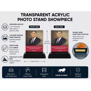 Shree Ratan Tata Acrylic Car Dashboard Showpiece | Double-Sided Shree Ratan Tata Photo Stand | 3 X 4 Inch Photo | Transparent Acrylic Frame With Black Base | Car Dashboard, Office & Table Decor (F71603) Shree Ratan Tata Acrylic Car Dashboard Showpiece | Double-Sided Shree Ratan Tata Photo Stand | 3 X 4 Inch Photo | Transparent Acrylic Frame With Black Base | Car Dashboard, Office & Table Decor (F71603)
