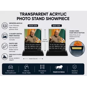 Narendra Modi Acrylic Car Dashboard Showpiece | Double-Sided Narendra Modi Photo Stand | 3 X 4 Inch Photo | Transparent Acrylic Frame With Black Base | Car Dashboard, Office & Table Decor (F71625)