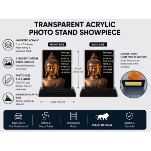 Gautama Buddha Acrylic Car Dashboard Showpiece | Double-Sided Gautama Buddha Photo Stand | 3 X 4 Inch Photo | Transparent Acrylic Frame With Black Base | Car Dashboard, Office & Table Decor (F71633)