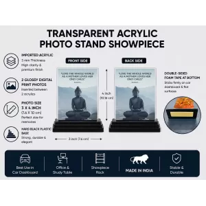 Gautama Buddha Acrylic Car Dashboard Showpiece | Double-Sided Gautama Buddha Photo Stand | 3 X 4 Inch Photo | Transparent Acrylic Frame With Black Base | Car Dashboard, Office & Table Decor (F71635)