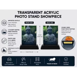 Gautama Buddha Acrylic Car Dashboard Showpiece | Double-Sided Gautama Buddha Photo Stand | 3 X 4 Inch Photo | Transparent Acrylic Frame With Black Base | Car Dashboard, Office & Table Decor (F71636)