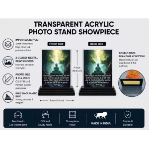 Gautama Buddha Acrylic Car Dashboard Showpiece | Double-Sided Gautama Buddha Photo Stand | 3 X 4 Inch Photo | Transparent Acrylic Frame With Black Base | Car Dashboard, Office & Table Decor (F71643)