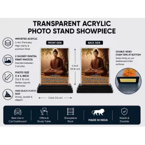 Gautama Buddha Acrylic Car Dashboard Showpiece | Double-Sided Gautama Buddha Photo Stand | 3 X 4 Inch Photo | Transparent Acrylic Frame With Black Base | Car Dashboard, Office & Table Decor (F71644)