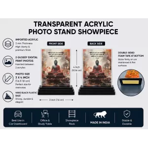 Gautama Buddha Acrylic Car Dashboard Showpiece | Double-Sided Gautama Buddha Photo Stand | 3 X 4 Inch Photo | Transparent Acrylic Frame With Black Base | Car Dashboard, Office & Table Decor (F71647)