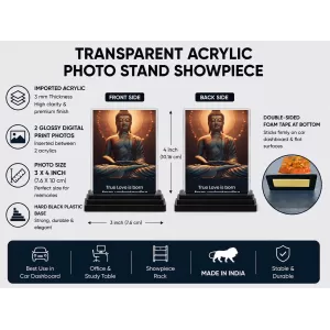 Buddha Acrylic Car Dashboard Showpiece | Double-Sided Buddha Photo Stand | 3 X 4 Inch Photo | Transparent Acrylic Frame With Black Base | Car Dashboard, Office & Table Decor (F71781) Buddha Acrylic Car Dashboard Showpiece | Double-Sided Buddha Photo Stand | 3 X 4 Inch Photo | Transparent Acrylic Frame With Black Base | Car Dashboard, Office & Table Decor (F71781)