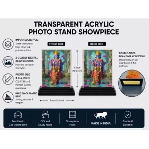 Krishna Acrylic Car Dashboard Showpiece | Double-Sided Krishna Photo Stand | 3 X 4 Inch Photo | Transparent Acrylic Frame With Black Base | Car Dashboard, Office & Table Decor (F71815)