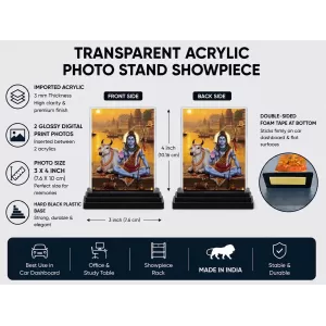 Shiva Acrylic Car Dashboard Showpiece | Double-Sided Shiva Photo Stand | 3 X 4 Inch Photo | Transparent Acrylic Frame With Black Base | Car Dashboard, Office & Table Decor (F71827)