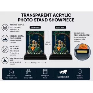Radha Krishna Acrylic Car Dashboard Showpiece | Double-Sided Radha Krishna Photo Stand | 3 X 4 Inch Photo | Transparent Acrylic Frame With Black Base | Car Dashboard, Office & Table Decor (F71839)