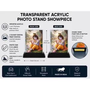 Krishna Acrylic Car Dashboard Showpiece | Double-Sided Krishna Photo Stand | 3 X 4 Inch Photo | Transparent Acrylic Frame With Black Base | Car Dashboard, Office & Table Decor (F71842)