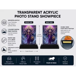 Durga Acrylic Car Dashboard Showpiece | Double-Sided Durga Photo Stand | 3 X 4 Inch Photo | Transparent Acrylic Frame With Black Base | Car Dashboard, Office & Table Decor (F71844)