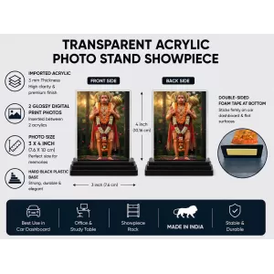 Hanuman Acrylic Car Dashboard Showpiece | Double-Sided Hanuman Photo Stand | 3 X 4 Inch Photo | Transparent Acrylic Frame With Black Base | Car Dashboard, Office & Table Decor (F71871)