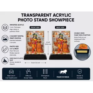 Radha Krishna Acrylic Car Dashboard Showpiece | Double-Sided Radha Krishna Photo Stand | 3 X 4 Inch Photo | Transparent Acrylic Frame With Black Base | Car Dashboard, Office & Table Decor (F71883)