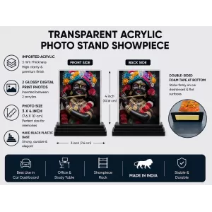 Krishna Acrylic Car Dashboard Showpiece | Double-Sided Krishna Photo Stand | 3 X 4 Inch Photo | Transparent Acrylic Frame With Black Base | Car Dashboard, Office & Table Decor (F71911)
