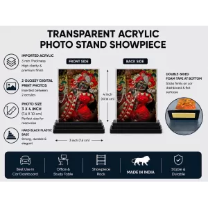 Krishna Acrylic Car Dashboard Showpiece | Double-Sided Krishna Photo Stand | 3 X 4 Inch Photo | Transparent Acrylic Frame With Black Base | Car Dashboard, Office & Table Decor (F71912)