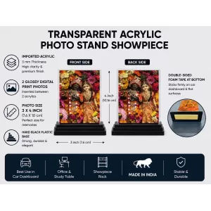 Krishna And Radha Acrylic Car Dashboard Showpiece | Double-Sided Krishna And Radha Photo Stand | 3 X 4 Inch Photo | Transparent Acrylic Frame With Black Base | Car Dashboard, Office & Table Decor (F71913)
