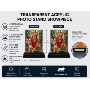 Durga Acrylic Car Dashboard Showpiece | Double-Sided Durga Photo Stand | 3 X 4 Inch Photo | Transparent Acrylic Frame With Black Base | Car Dashboard, Office & Table Decor (F71915)