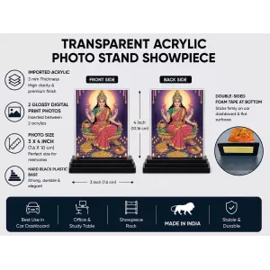 Lakshmi Acrylic Car Dashboard Showpiece | Double-Sided Lakshmi Photo Stand | 3 X 4 Inch Photo | Transparent Acrylic Frame With Black Base | Car Dashboard, Office & Table Decor (F71921)