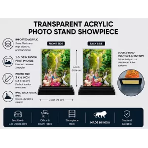 Krishna And Radha Acrylic Car Dashboard Showpiece | Double-Sided Krishna And Radha Photo Stand | 3 X 4 Inch Photo | Transparent Acrylic Frame With Black Base | Car Dashboard, Office & Table Decor (F71925)