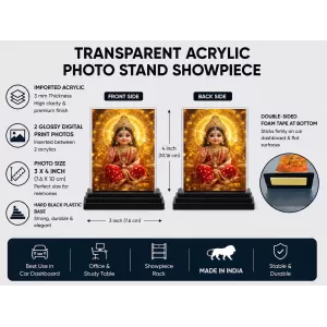Lakshmi Acrylic Car Dashboard Showpiece | Double-Sided Lakshmi Photo Stand | 3 X 4 Inch Photo | Transparent Acrylic Frame With Black Base | Car Dashboard, Office & Table Decor (F71933)