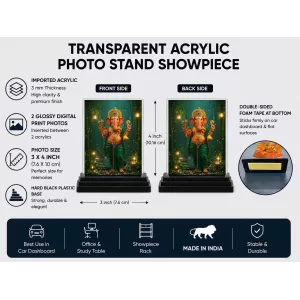 Ganesha Acrylic Car Dashboard Showpiece | Double-Sided Ganesha Photo Stand | 3 X 4 Inch Photo | Transparent Acrylic Frame With Black Base | Car Dashboard, Office & Table Decor (F71941)