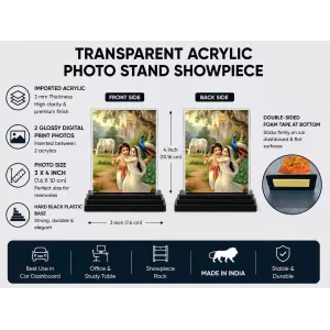 Krishna Acrylic Car Dashboard Showpiece | Double-Sided Krishna Photo Stand | 3 X 4 Inch Photo | Transparent Acrylic Frame With Black Base | Car Dashboard, Office & Table Decor (F71960)