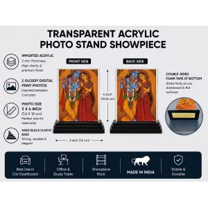 Krishna And Radha Acrylic Car Dashboard Showpiece | Double-Sided Krishna And Radha Photo Stand | 3 X 4 Inch Photo | Transparent Acrylic Frame With Black Base | Car Dashboard, Office & Table Decor (F71962)