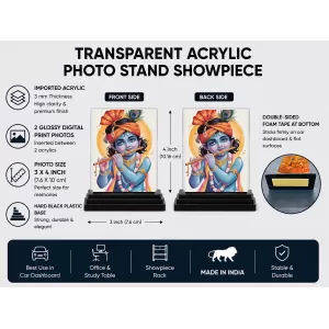 Krishna Acrylic Car Dashboard Showpiece | Double-Sided Krishna Photo Stand | 3 X 4 Inch Photo | Transparent Acrylic Frame With Black Base | Car Dashboard, Office & Table Decor (F71963)