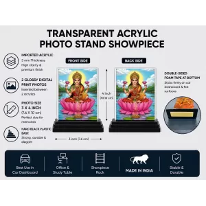 Lakshmi Acrylic Car Dashboard Showpiece | Double-Sided Lakshmi Photo Stand | 3 X 4 Inch Photo | Transparent Acrylic Frame With Black Base | Car Dashboard, Office & Table Decor (F71972)