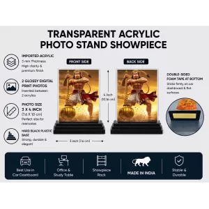 Hanuman Acrylic Car Dashboard Showpiece | Double-Sided Hanuman Photo Stand | 3 X 4 Inch Photo | Transparent Acrylic Frame With Black Base | Car Dashboard, Office & Table Decor (F71975)