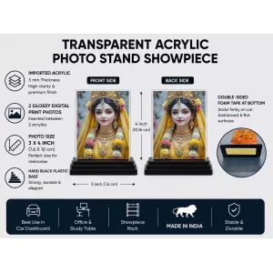 Radha Acrylic Car Dashboard Showpiece | Double-Sided Radha Photo Stand | 3 X 4 Inch Photo | Transparent Acrylic Frame With Black Base | Car Dashboard, Office & Table Decor (F71992)