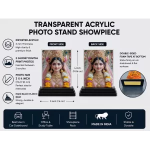 Radha Acrylic Car Dashboard Showpiece | Double-Sided Radha Photo Stand | 3 X 4 Inch Photo | Transparent Acrylic Frame With Black Base | Car Dashboard, Office & Table Decor (F71993)
