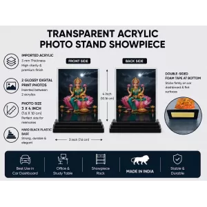 Lakshmi Acrylic Car Dashboard Showpiece | Double-Sided Lakshmi Photo Stand | 3 X 4 Inch Photo | Transparent Acrylic Frame With Black Base | Car Dashboard, Office & Table Decor (F71998)
