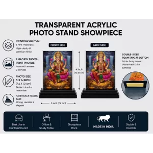 Lakshmi Acrylic Car Dashboard Showpiece | Double-Sided Lakshmi Photo Stand | 3 X 4 Inch Photo | Transparent Acrylic Frame With Black Base | Car Dashboard, Office & Table Decor (F72004)