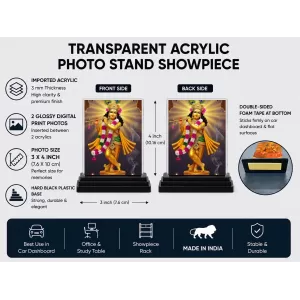 Krishna Acrylic Car Dashboard Showpiece | Double-Sided Krishna Photo Stand | 3 X 4 Inch Photo | Transparent Acrylic Frame With Black Base | Car Dashboard, Office & Table Decor (F72038)