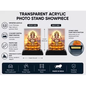 Lord Ganesha Acrylic Car Dashboard Showpiece | Double-Sided Lord Ganesha Photo Stand | 3 X 4 Inch Photo | Transparent Acrylic Frame With Black Base | Car Dashboard, Office & Table Decor (F72058)