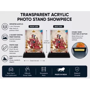 Radha Shree Krishna Acrylic Car Dashboard Showpiece | Double-Sided Radha Shree Krishna Photo Stand | 3 X 4 Inch Photo | Transparent Acrylic Frame With Black Base | Car Dashboard, Office & Table Decor (F72063)