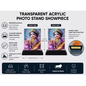 Shree Krishna Acrylic Car Dashboard Showpiece | Double-Sided Shree Krishna Photo Stand | 3 X 4 Inch Photo | Transparent Acrylic Frame With Black Base | Car Dashboard, Office & Table Decor (F72068)