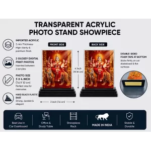 Goddess Durga Acrylic Car Dashboard Showpiece | Double-Sided Goddess Durga Photo Stand | 3 X 4 Inch Photo | Transparent Acrylic Frame With Black Base | Car Dashboard, Office & Table Decor (F72085)