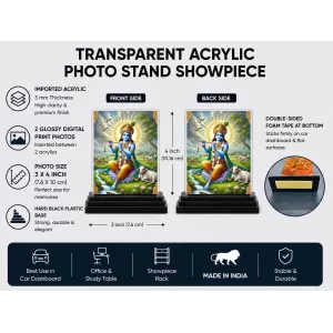 Krishna Acrylic Car Dashboard Showpiece | Double-Sided Krishna Photo Stand | 3 X 4 Inch Photo | Transparent Acrylic Frame With Black Base | Car Dashboard, Office & Table Decor (F72278)
