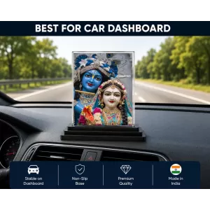 Radha Krishna Acrylic Car Dashboard Showpiece | Double-Sided Radha Krishna Photo Stand | 3 X 4 Inch Photo | Transparent Acrylic Frame With Black Base | Car Dashboard, Office & Table Decor (F70981)
