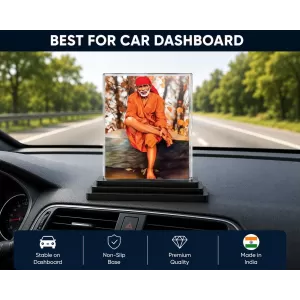 Sai Baba Of Shirdi Acrylic Car Dashboard Showpiece | Double-Sided Sai Baba Of Shirdi Photo Stand | 3 X 4 Inch Photo | Transparent Acrylic Frame With Black Base | Car Dashboard, Office & Table Decor (F70986)